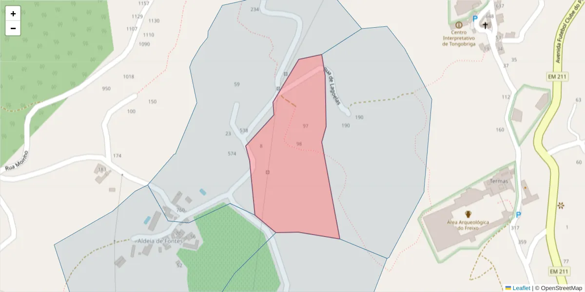 Mapa detalhado do código postal 4630-104 com limites, códigos postais vizinhos e agências dos correios