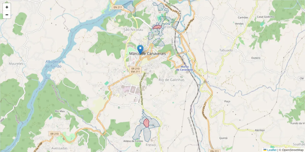 Mapa detalhado do código postal 4630-115 com limites, códigos postais vizinhos e agências dos correios
