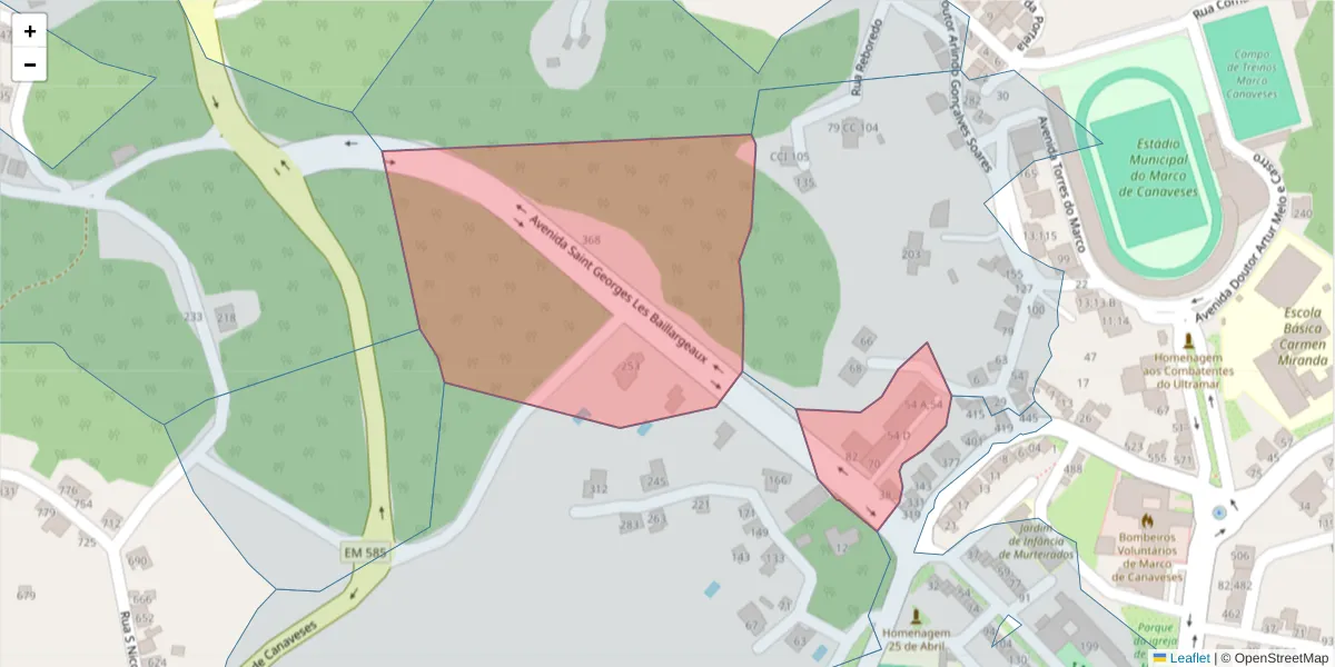 Mapa detalhado do código postal 4630-202 com limites, códigos postais vizinhos e agências dos correios