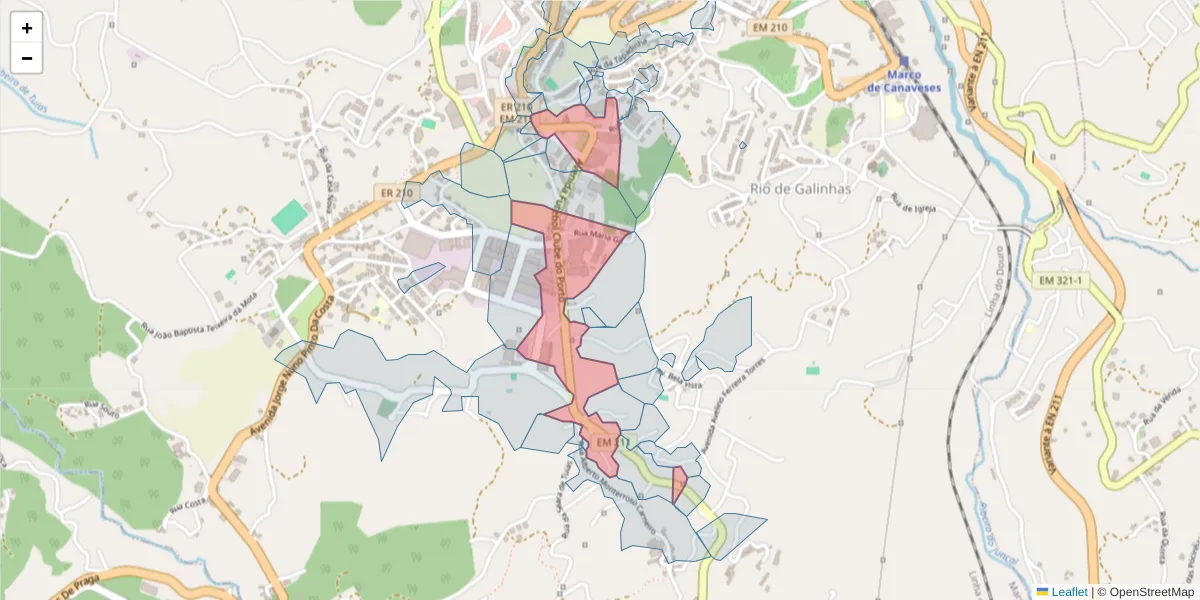 Mapa detalhado do código postal 4630-203 com limites, códigos postais vizinhos e agências dos correios