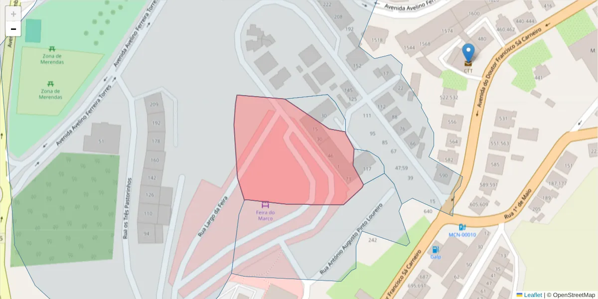 Mapa detalhado do código postal 4630-215 com limites, códigos postais vizinhos e agências dos correios