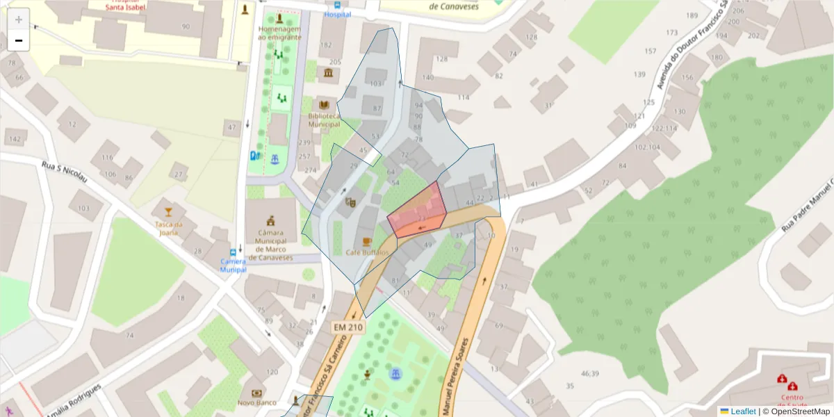 Mapa detalhado do código postal 4630-225 com limites, códigos postais vizinhos e agências dos correios