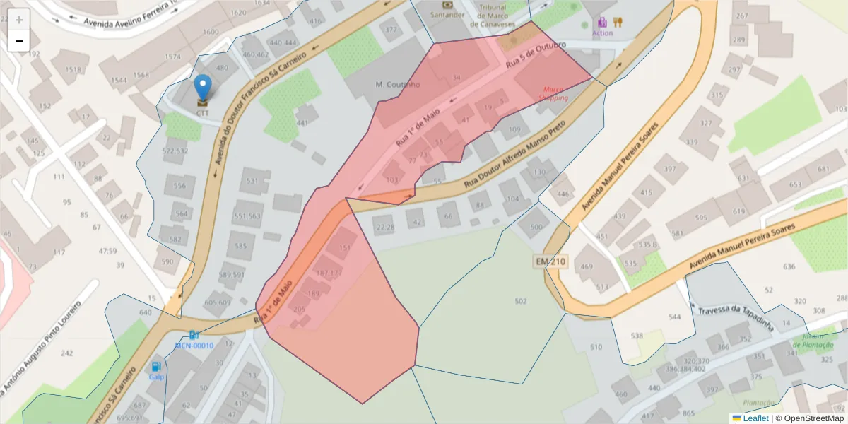 Mapa detalhado do código postal 4630-228 com limites, códigos postais vizinhos e agências dos correios