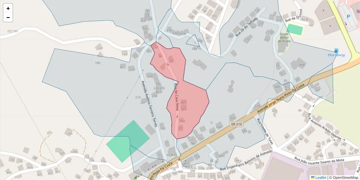 Mapa detalhado do código postal 4630-245 com limites, códigos postais vizinhos e agências dos correios