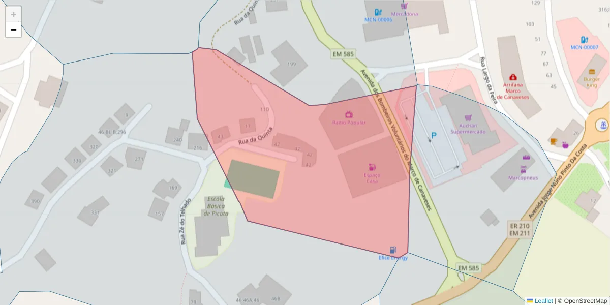 Mapa detalhado do código postal 4630-250 com limites, códigos postais vizinhos e agências dos correios