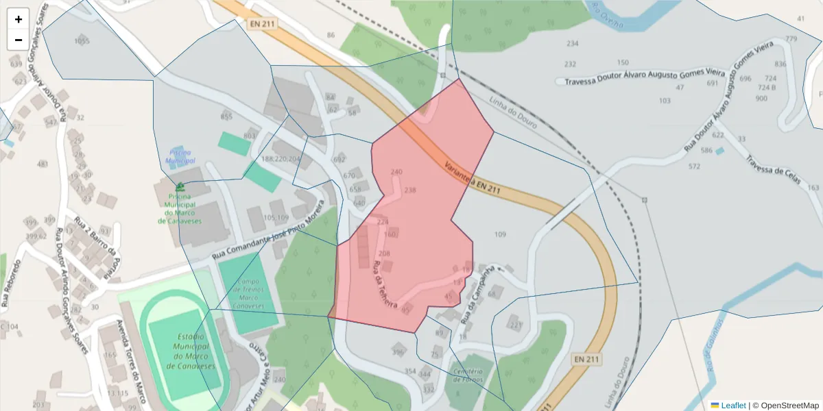Mapa detalhado do código postal 4630-255 com limites, códigos postais vizinhos e agências dos correios