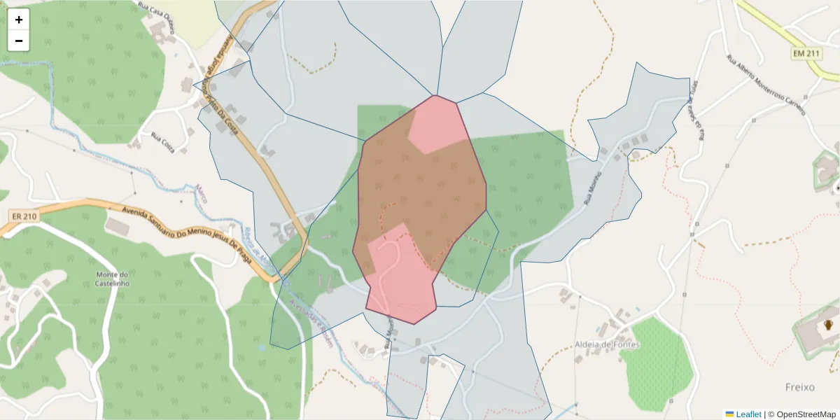 Mapa detalhado do código postal 4630-308 com limites, códigos postais vizinhos e agências dos correios