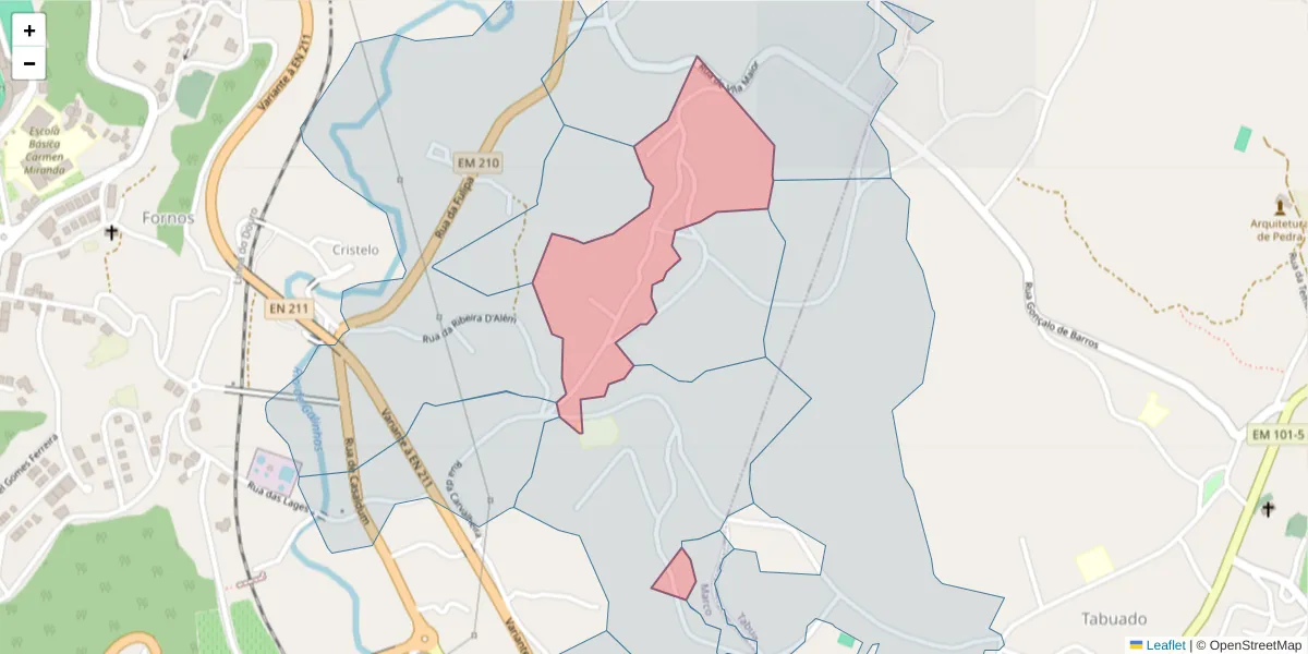 Mapa detalhado do código postal 4630-390 com limites, códigos postais vizinhos e agências dos correios