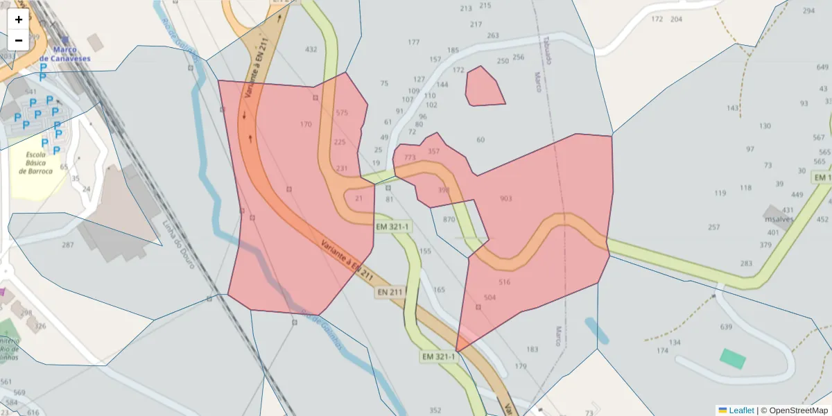 Mapa detalhado do código postal 4630-458 com limites, códigos postais vizinhos e agências dos correios