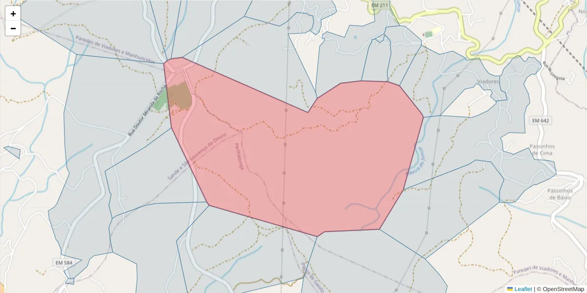 Mapa detalhado do código postal 4630-542 com limites, códigos postais vizinhos e agências dos correios