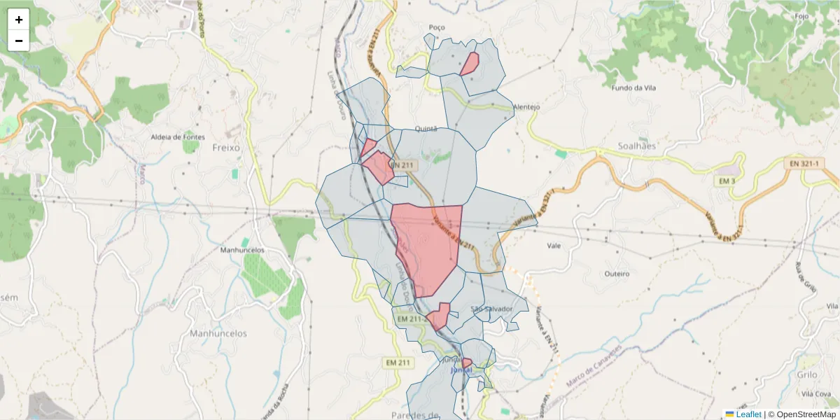 Mapa detalhado do código postal 4630-631 com limites, códigos postais vizinhos e agências dos correios