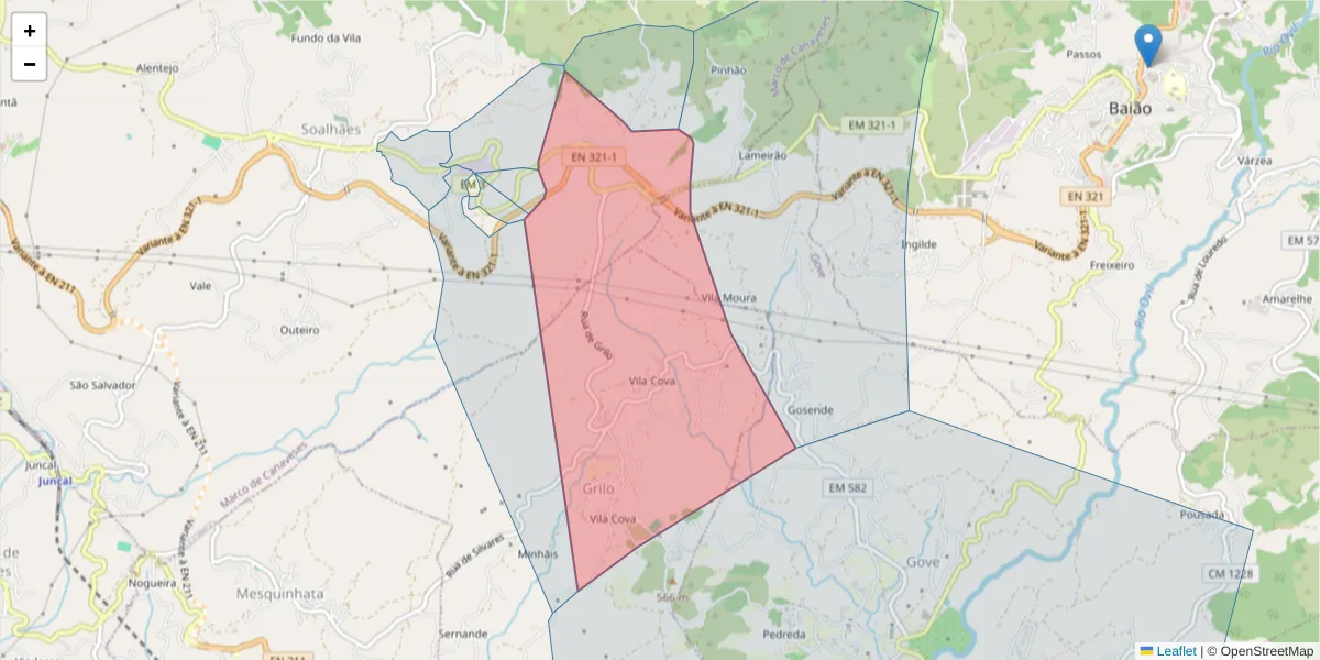 Mapa detalhado do código postal 4630-694 com limites, códigos postais vizinhos e agências dos correios