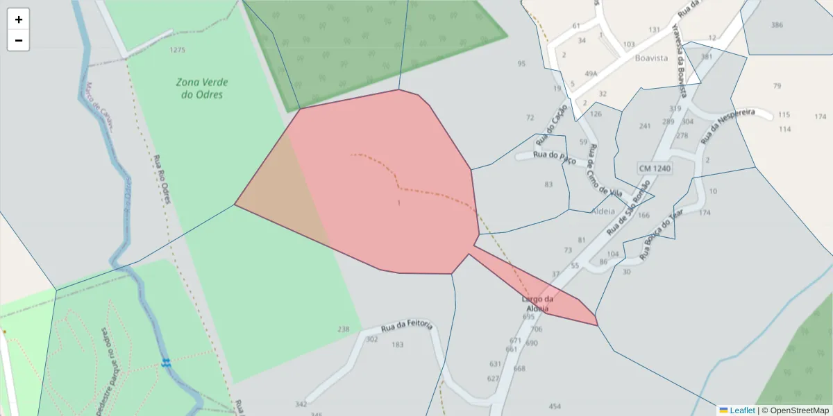 Mapa detalhado do código postal 4635-001 com limites, códigos postais vizinhos e agências dos correios
