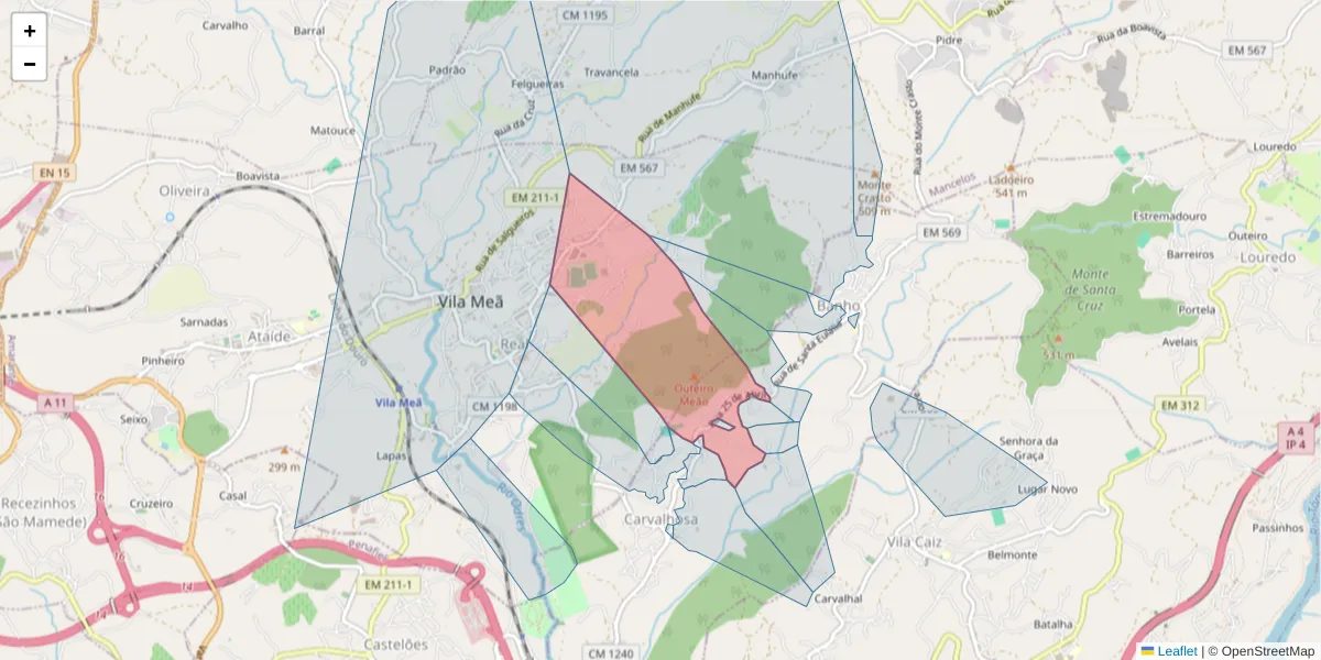 Mapa detalhado do código postal 4635-012 com limites, códigos postais vizinhos e agências dos correios
