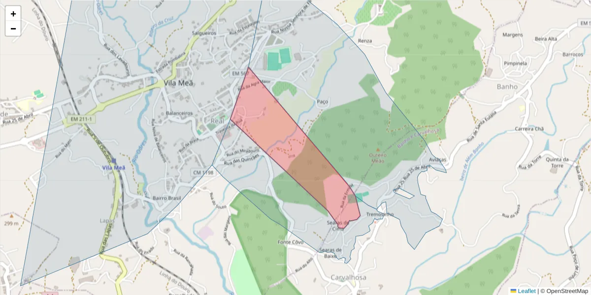 Mapa detalhado do código postal 4635-025 com limites, códigos postais vizinhos e agências dos correios