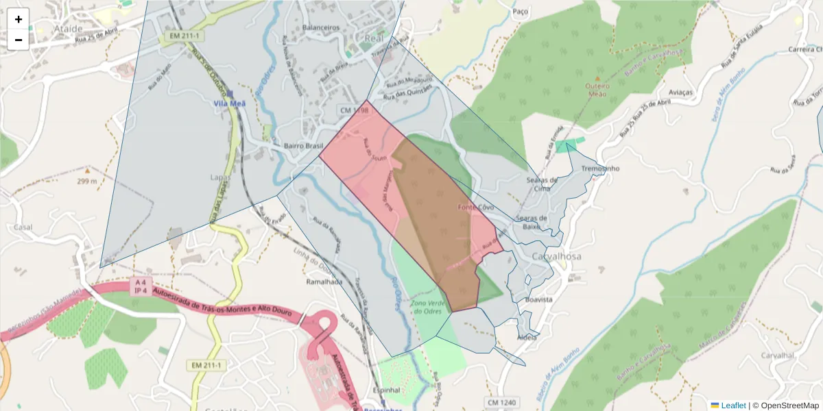 Mapa detalhado do código postal 4635-033 com limites, códigos postais vizinhos e agências dos correios