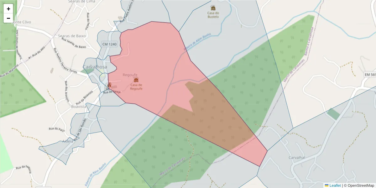 Mapa detalhado do código postal 4635-052 com limites, códigos postais vizinhos e agências dos correios