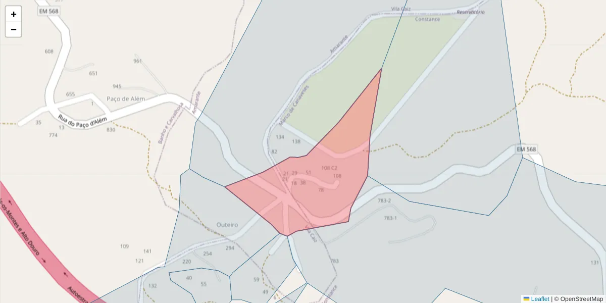 Mapa detalhado do código postal 4635-097 com limites, códigos postais vizinhos e agências dos correios
