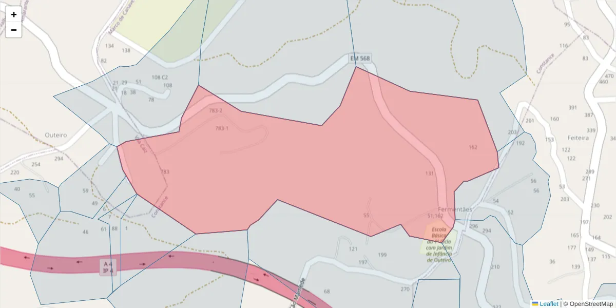 Mapa detalhado do código postal 4635-102 com limites, códigos postais vizinhos e agências dos correios