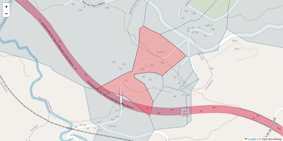 Mapa detalhado do código postal 4635-106 com limites, códigos postais vizinhos e agências dos correios