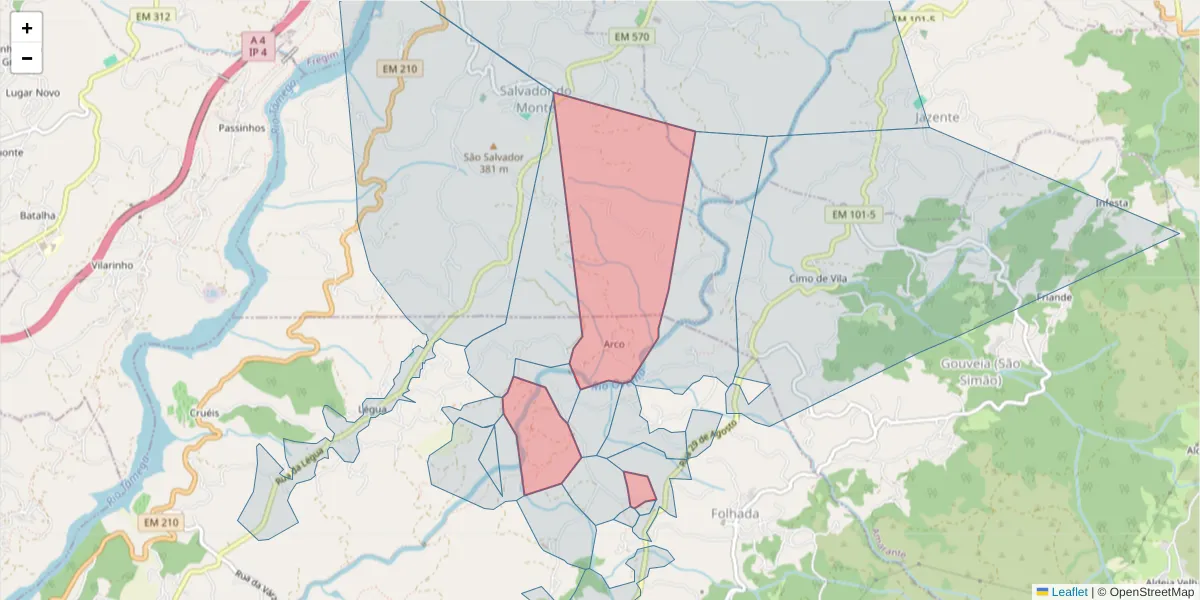 Mapa detalhado do código postal 4635-165 com limites, códigos postais vizinhos e agências dos correios