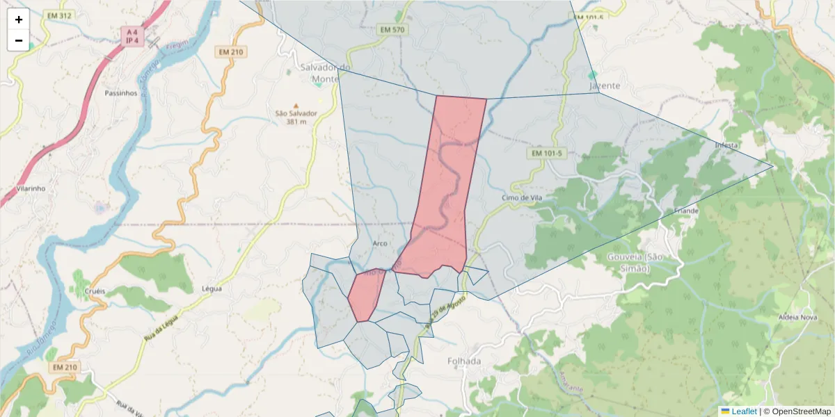 Mapa detalhado do código postal 4635-185 com limites, códigos postais vizinhos e agências dos correios