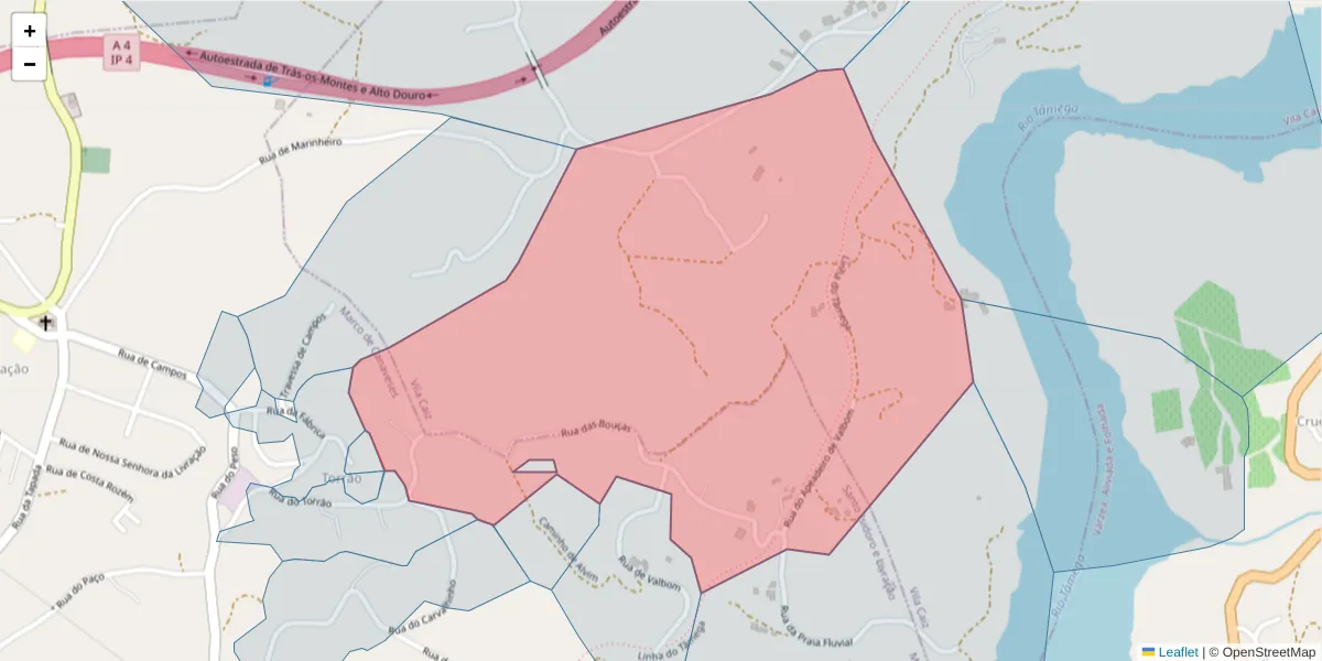 Mapa detalhado do código postal 4635-262 com limites, códigos postais vizinhos e agências dos correios