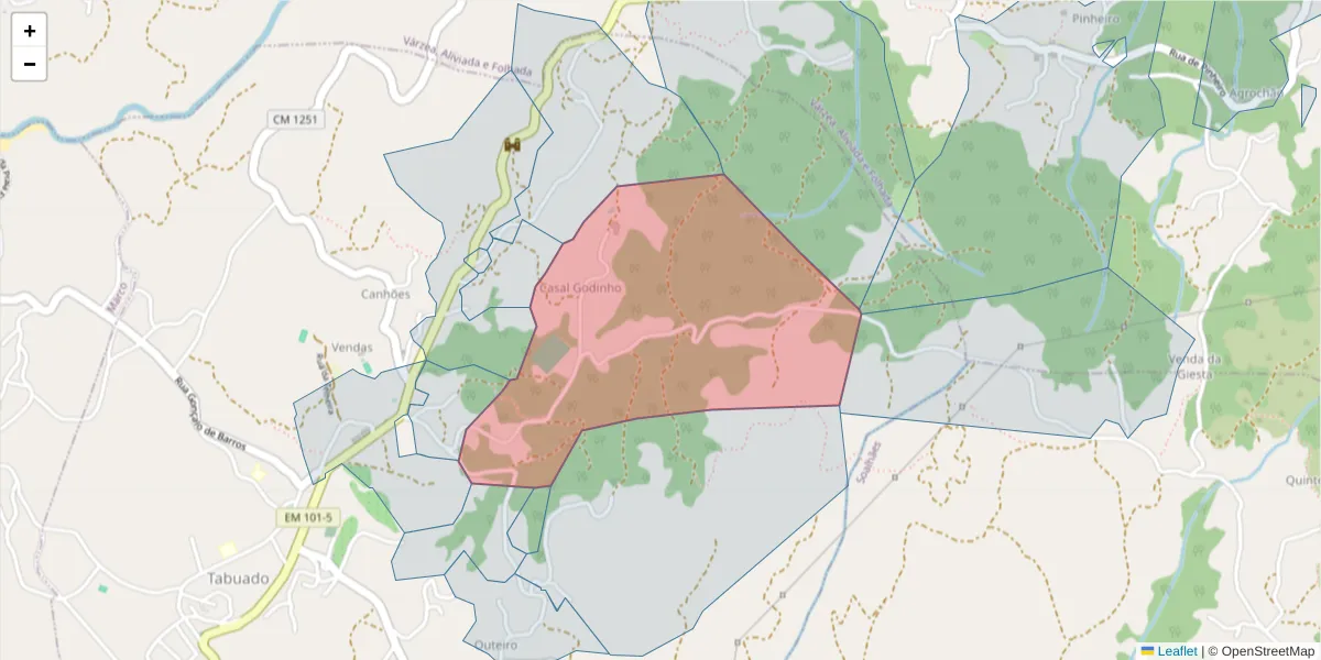 Mapa detalhado do código postal 4635-459 com limites, códigos postais vizinhos e agências dos correios