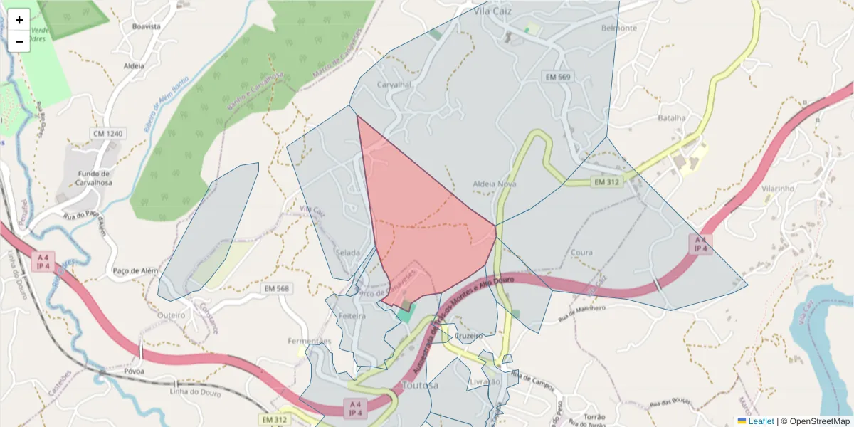 Mapa detalhado do código postal 4635-505 com limites, códigos postais vizinhos e agências dos correios