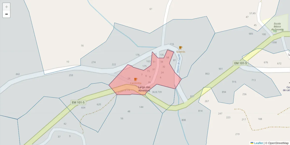 Mapa detalhado do código postal 4635-608 com limites, códigos postais vizinhos e agências dos correios