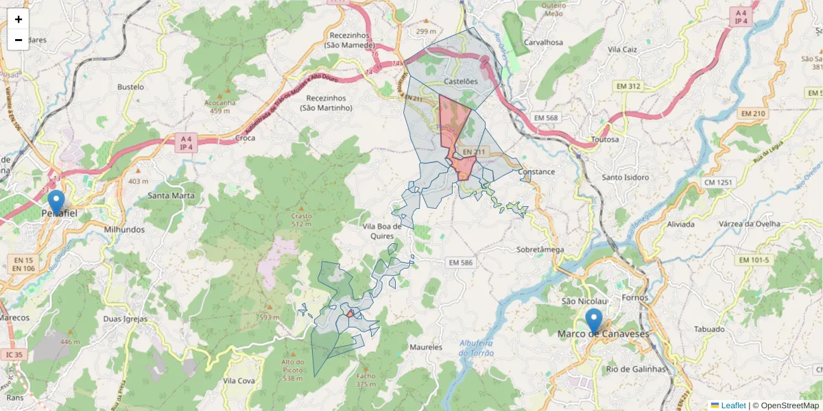 Mapa detalhado do código postal 4635-664 com limites, códigos postais vizinhos e agências dos correios