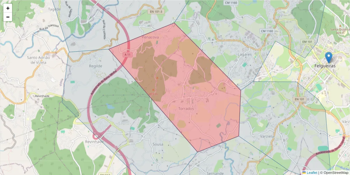 Mapa detalhado do código postal 4650-591 com limites, códigos postais vizinhos e agências dos correios