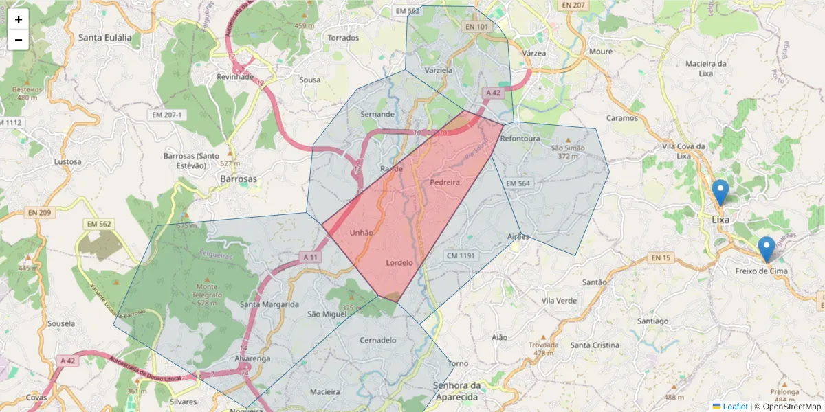 Mapa detalhado do código postal 4650 com limites, códigos postais vizinhos e agências dos correios