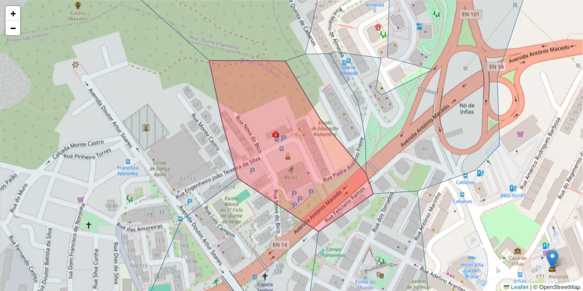 Mapa detalhado do código postal 4700-006 com limites, códigos postais vizinhos e agências dos correios