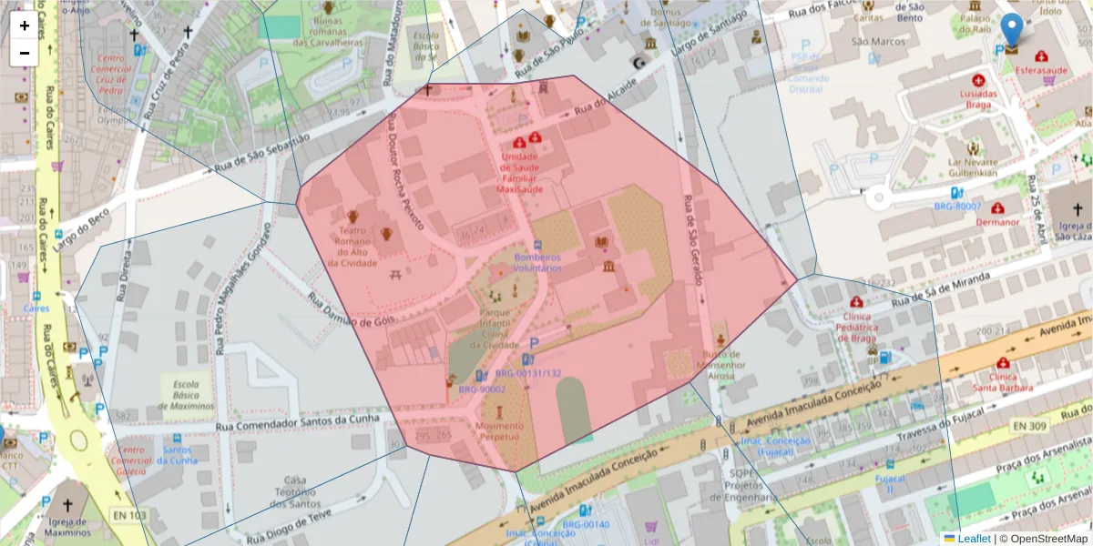 Mapa detalhado do código postal 4700-036 com limites, códigos postais vizinhos e agências dos correios