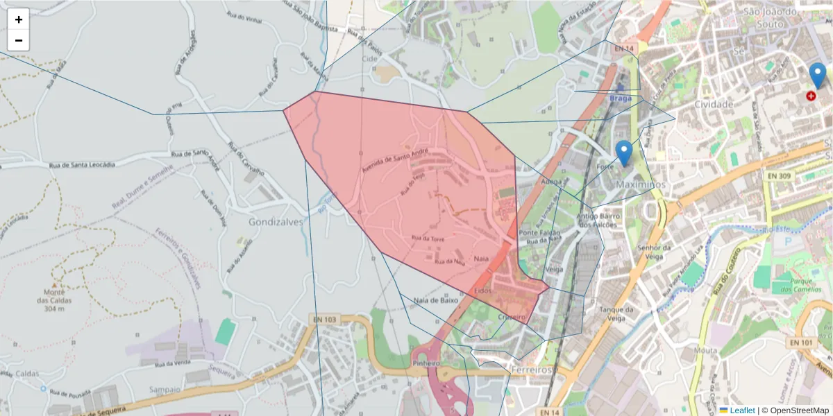 Mapa detalhado do código postal 4700-120 com limites, códigos postais vizinhos e agências dos correios
