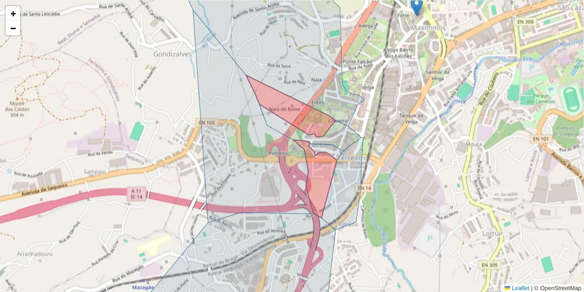 Mapa detalhado do código postal 4700-143 com limites, códigos postais vizinhos e agências dos correios