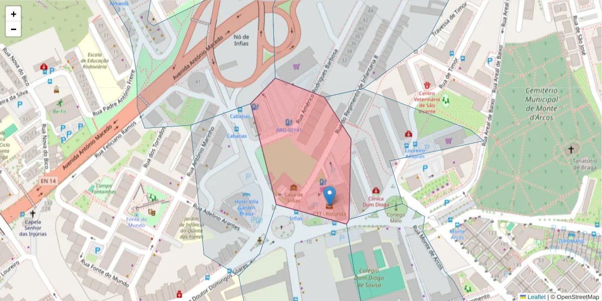 Mapa detalhado do código postal 4700-145 com limites, códigos postais vizinhos e agências dos correios