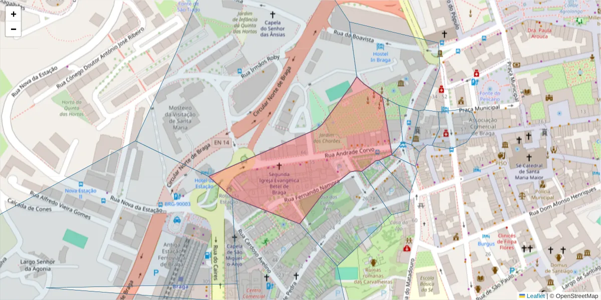 Mapa detalhado do código postal 4700-204 com limites, códigos postais vizinhos e agências dos correios