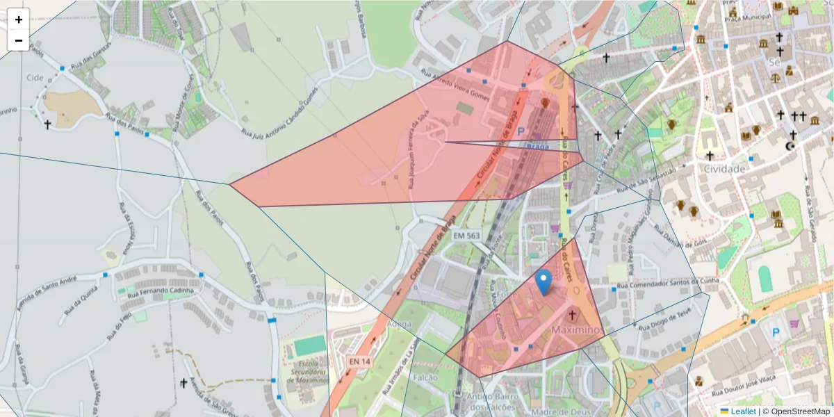 Mapa detalhado do código postal 4700-206 com limites, códigos postais vizinhos e agências dos correios