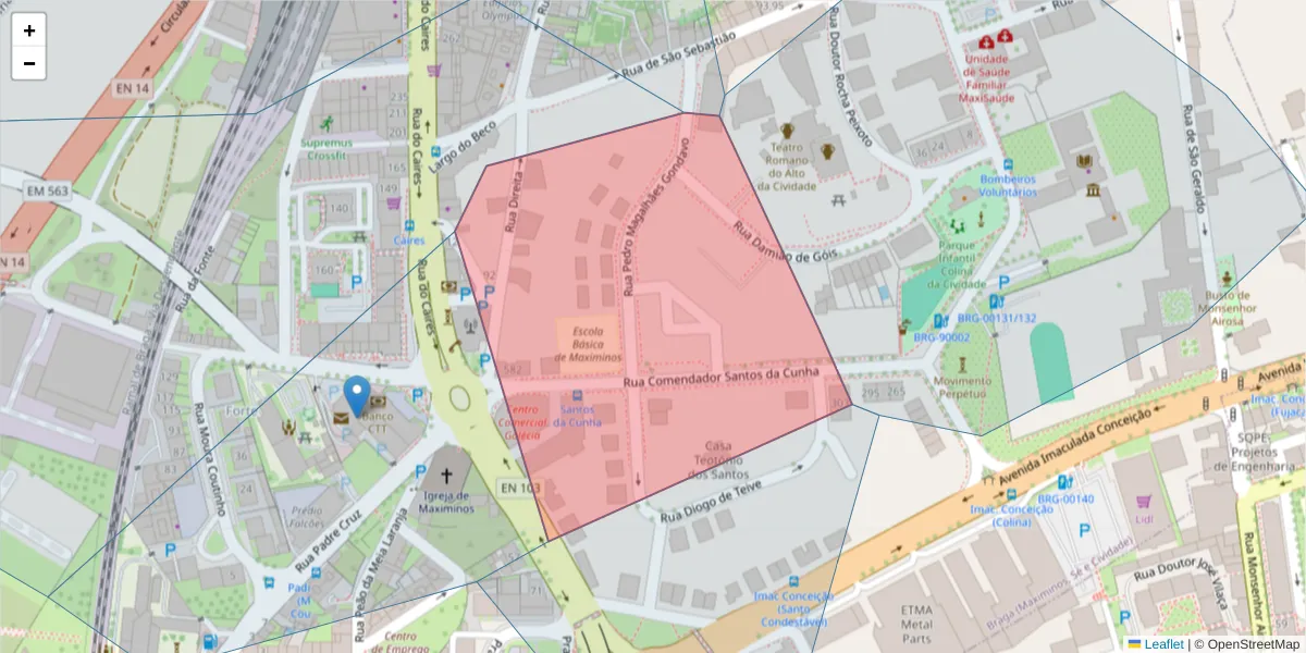 Mapa detalhado do código postal 4700-221 com limites, códigos postais vizinhos e agências dos correios