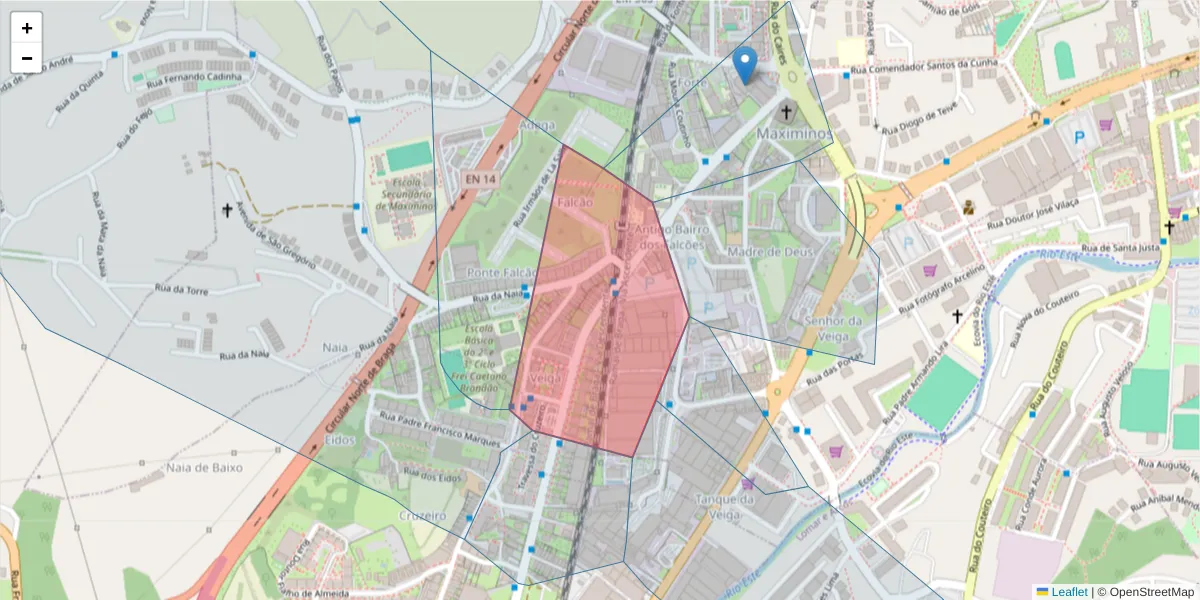 Mapa detalhado do código postal 4700-222 com limites, códigos postais vizinhos e agências dos correios