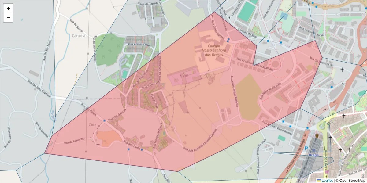 Mapa detalhado do código postal 4700-254 com limites, códigos postais vizinhos e agências dos correios