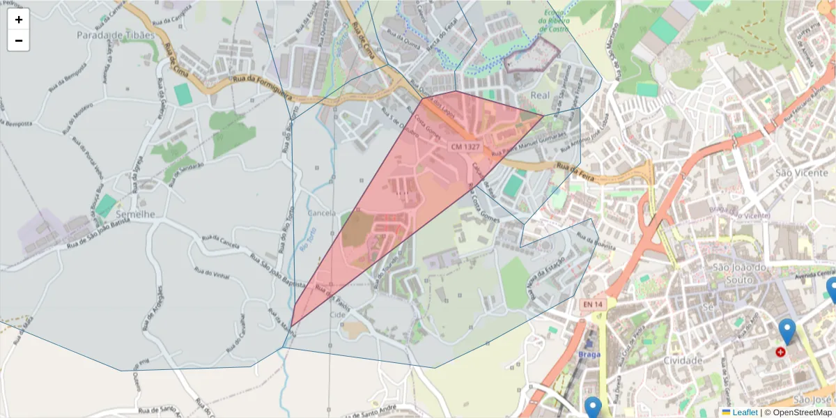 Mapa detalhado do código postal 4700-262 com limites, códigos postais vizinhos e agências dos correios