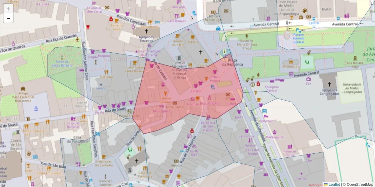 Mapa detalhado do código postal 4700-306 com limites, códigos postais vizinhos e agências dos correios