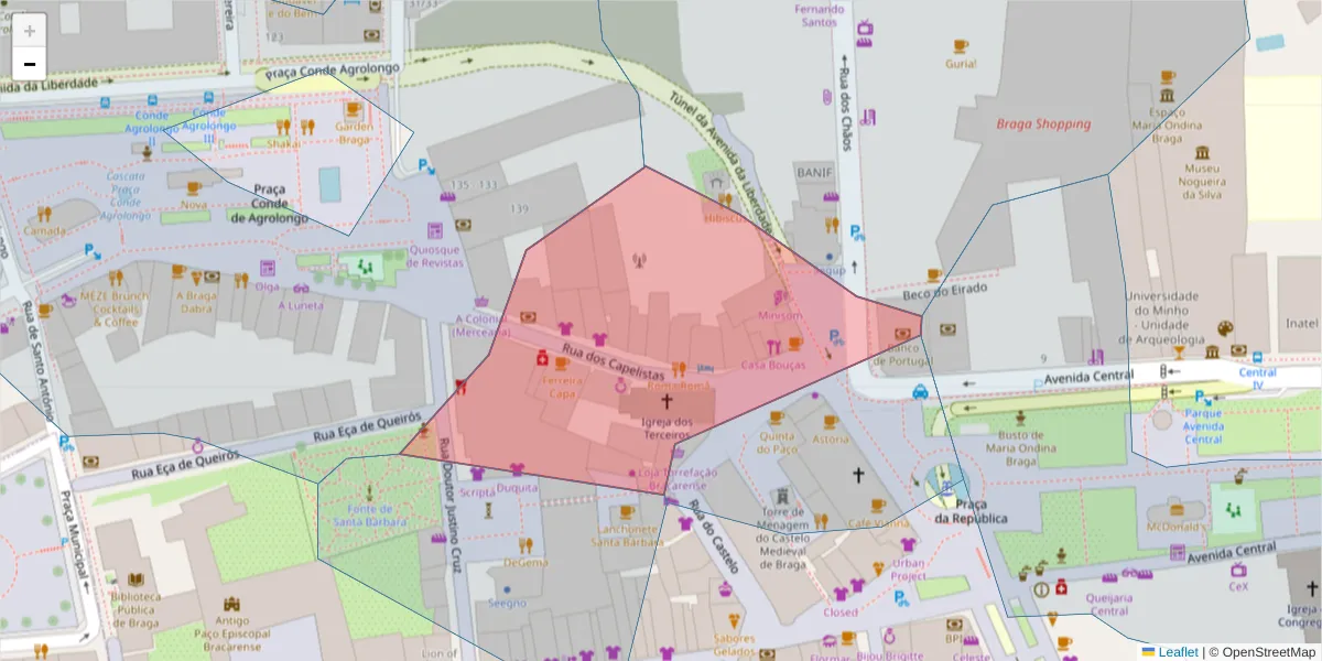 Mapa detalhado do código postal 4700-307 com limites, códigos postais vizinhos e agências dos correios