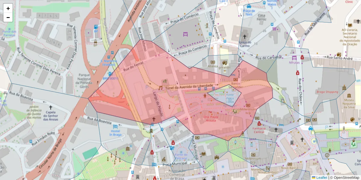Mapa detalhado do código postal 4700-312 com limites, códigos postais vizinhos e agências dos correios