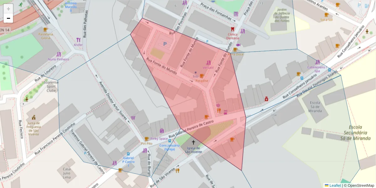 Mapa detalhado do código postal 4700-361 com limites, códigos postais vizinhos e agências dos correios
