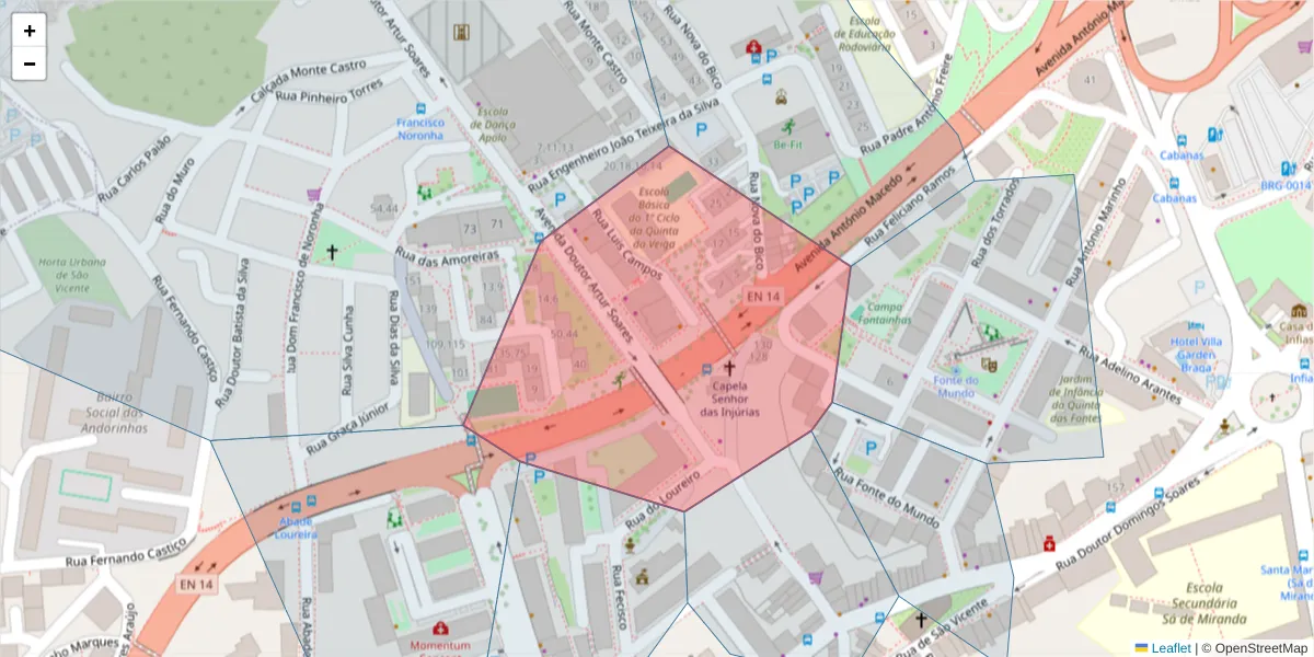 Mapa detalhado do código postal 4700-363 com limites, códigos postais vizinhos e agências dos correios