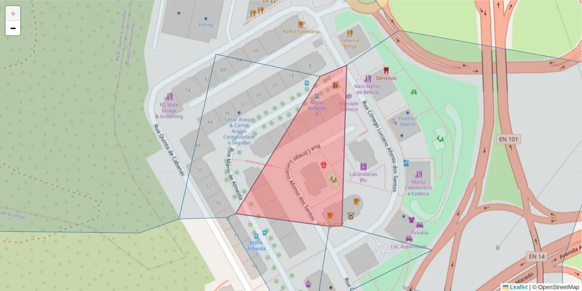 Mapa detalhado do código postal 4700-365 com limites, códigos postais vizinhos e agências dos correios